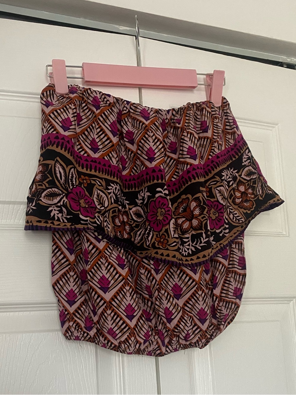 Express Floral Print Strapless Top in Pink, Purple and Brown